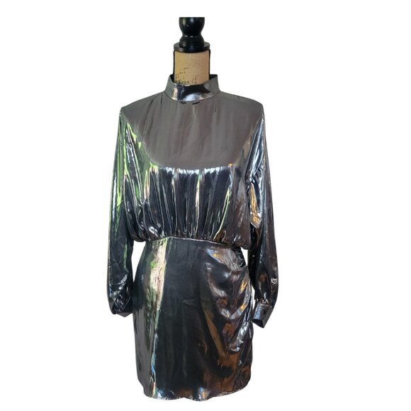 Zara Metallic Silver Long Sleeve Mock Neck Open Back Mini Dress Medium - Picture 3 of 9